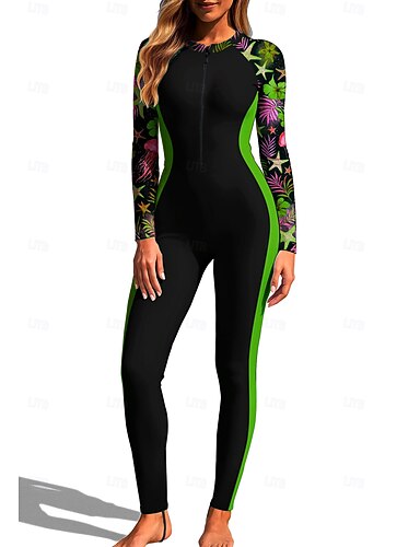 Rash Guard Full Body Rash Guard One Piece Surfing Suit Tropical Color-blocking Zip Up With Built in Bra Front Zip Uv Sun Protection Full Coverage Upf50+ Long Sleeve Full Body Swimwear