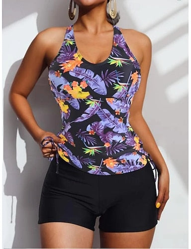 Swimwear Tankini 2 Piece Shorts Swimsuit Tummy Control High Waist Slim Backless Vacation Beach Wear Tropical U Neck Sleeveless Bathing Suits