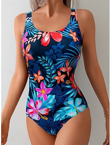 Swimwear One Piece High Cut Swimsuit Beach Wear Summer Graphic U Neck Sleeveless Bathing Suits