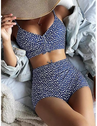 Tankini 2 Piece Swimsuit Ruched Shorts Tummy Control High Waist Slim Backless Vacation Beach Wear Graphic V Neck Sleeveless Bathing Suits