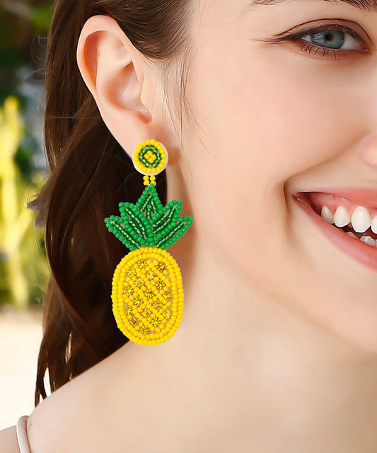 Yellow Knit Fabric Rice Ball Pineapple Drop Earrings