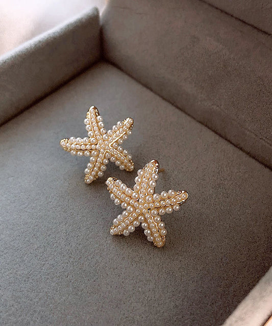 Diy White Sterling Silver Overgild Holiday Starfish Pearl Stud Earrings