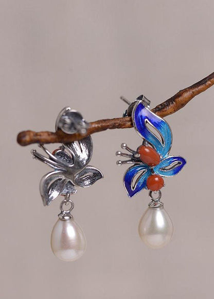 Cloisonne Butterfly Pearl Metal Stud Earrings