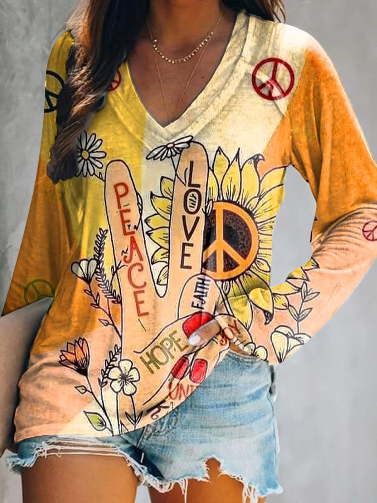Women's Casual Hippie Peace Love Art Print V Neck Long Sleeve Tops