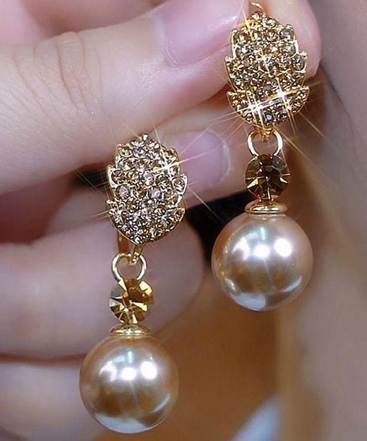 Champagne Copper Alloy Zircon Pearl Drop Earrings