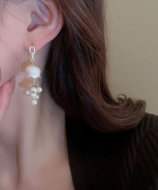 White Sterling Silver Pearl Lily of the Valley Tassel Drop Earrings