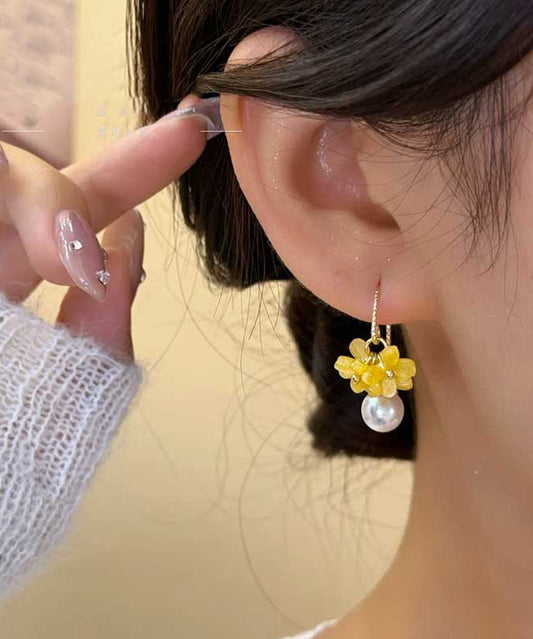 Yellow Acrylic Alloy Pearl Hoop Earrings