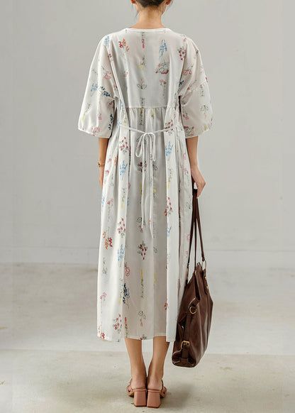 White Oversized Print Cotton Long Dresses Bracelet Sleeve