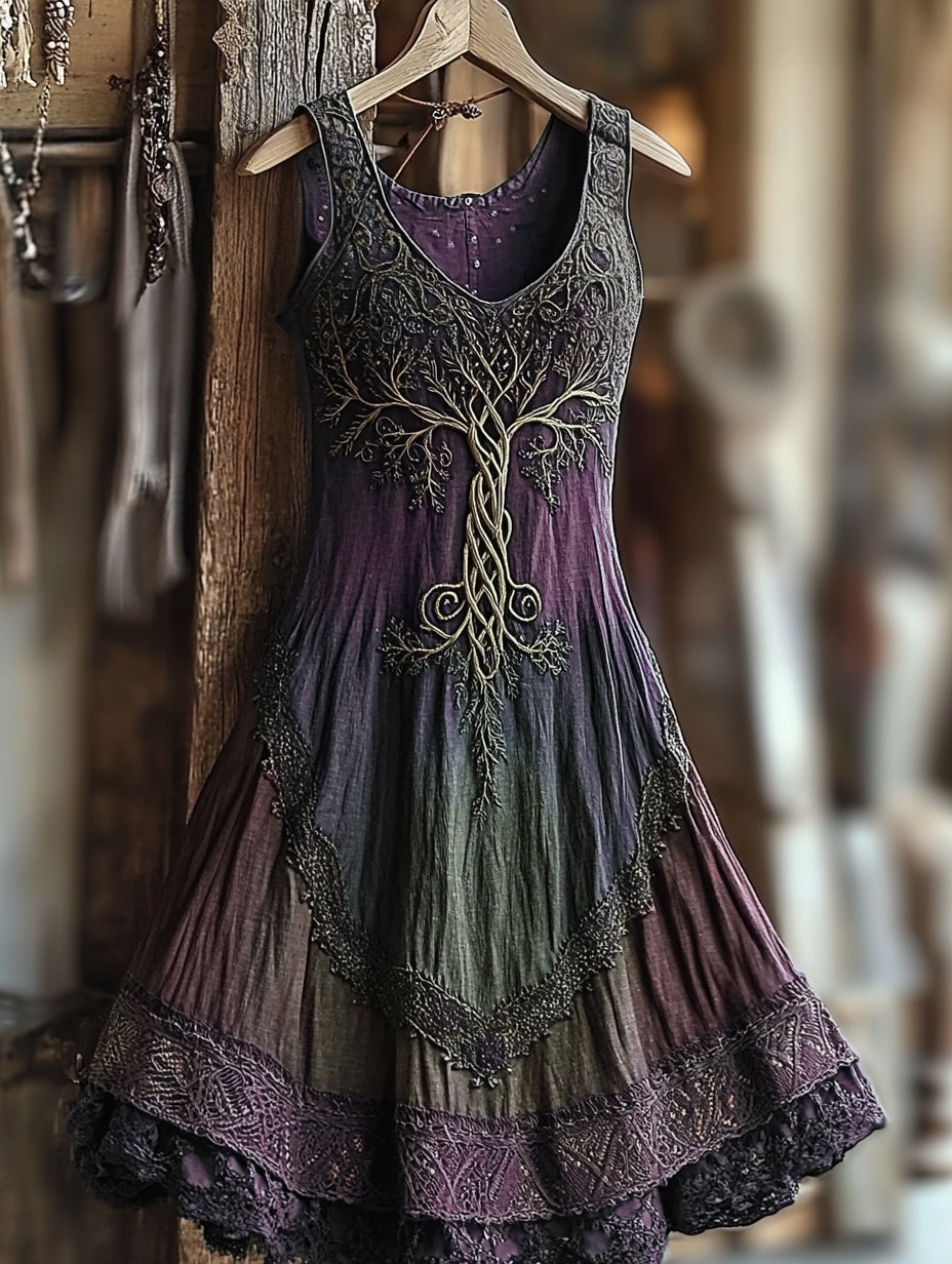 Women's Vintage  Viking Tree Of Life Gradient Linen Dress artswardrobe