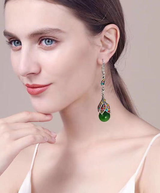 Green Copper Alloy Zircon Cat's Eye Stone Tassel Drop Earrings