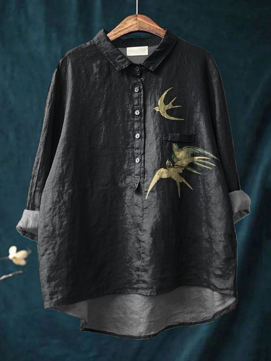 Women's Vintage Ethnic Lovely Birds Art Print Casual Cotton And Linen Shirt