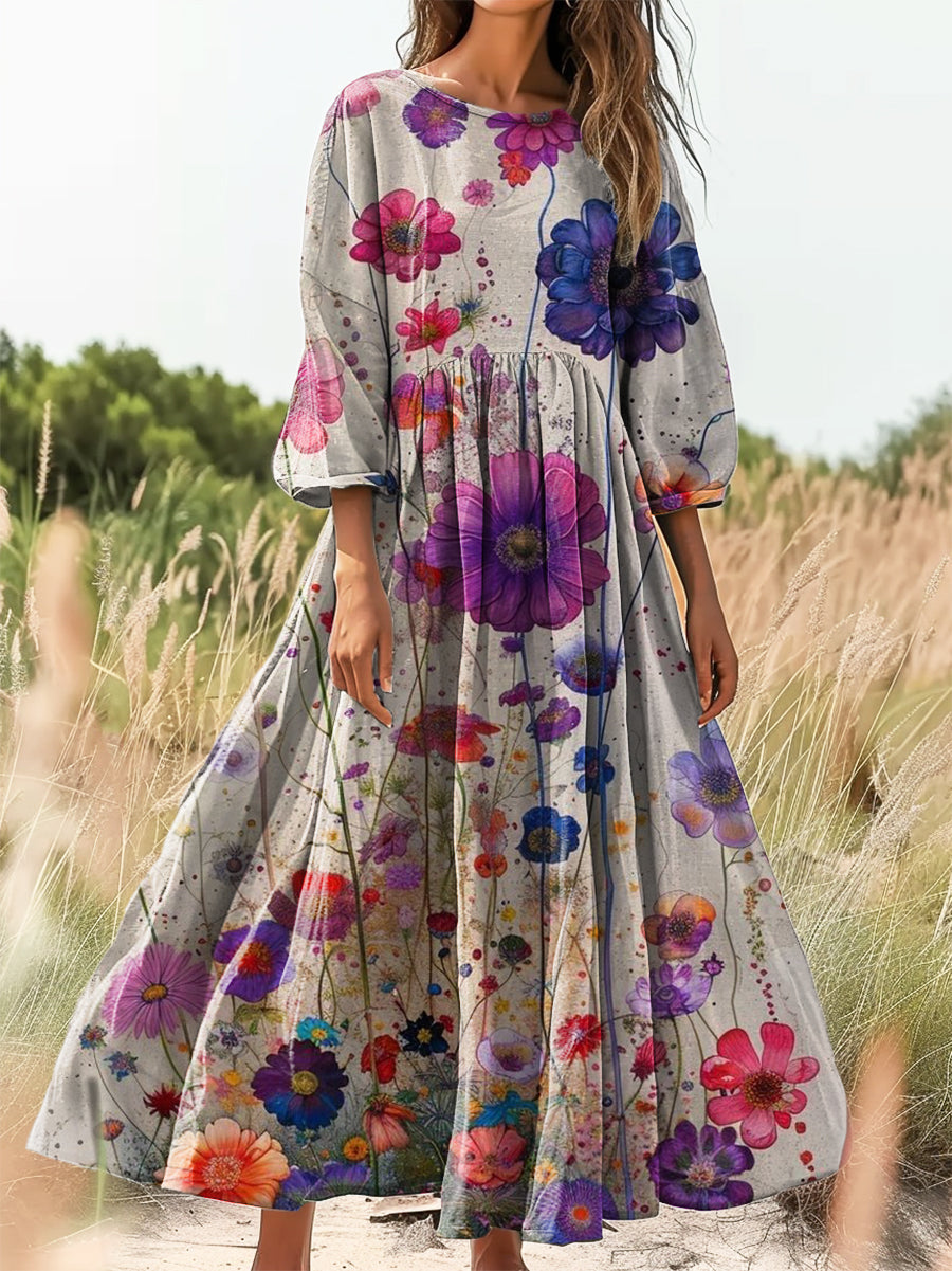 Women's Vintage Floral Art Print Flowy Cotton Crew Neck Dress