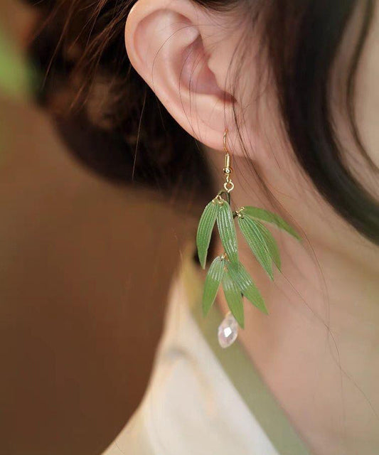Green Sterling Silver Overgild Pearl Bamboo Leaf Drop Earrings
