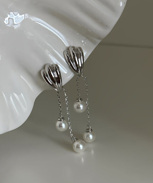Simple Stainless Steel Pearl Tassel Drop Earrings