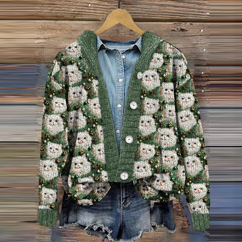 Comstylish Christmas Tree Cat Print Long Sleeve Knitted Cardigan