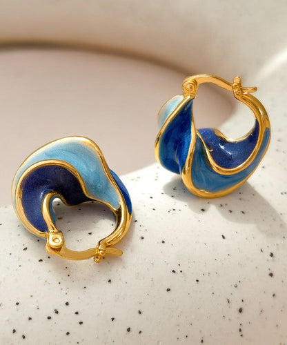 Colorblock Copper Overgild Drip Glaze Spiral Pattern Hoop Earrings