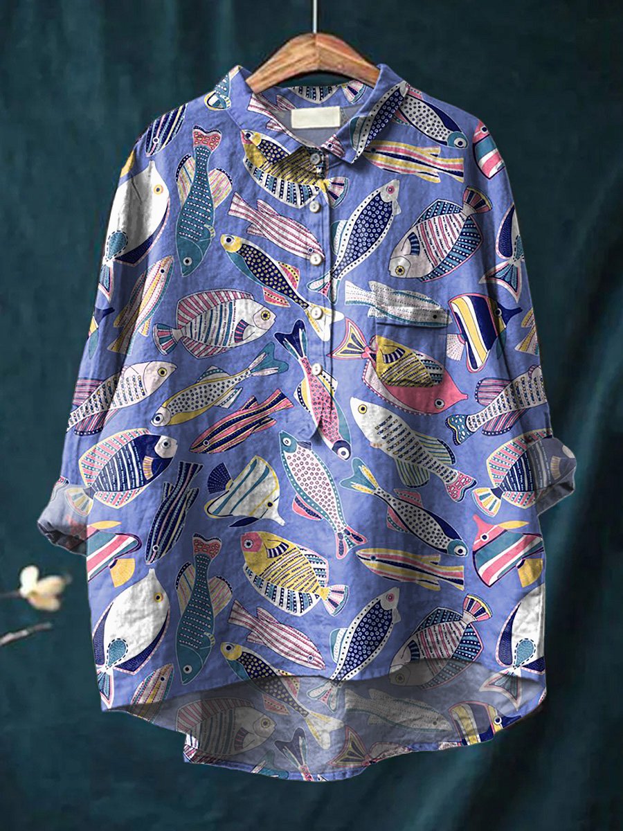 Coral Reef Fish Pattern Printed Women's Casual Cotton And Linen Shirt