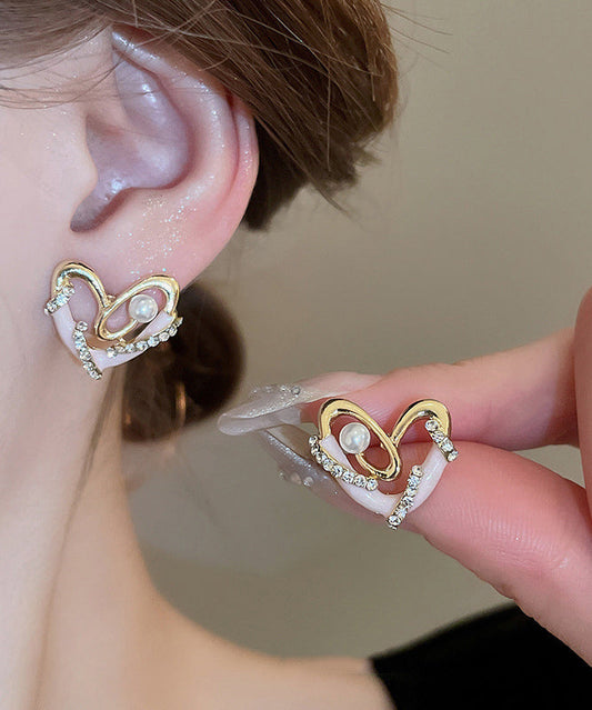 Stylish Gold Alloy Pearl Zircon Drip Glaze Love Stud Earrings