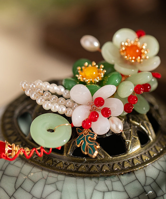 Retro Multicolor Alloy Jade Pearl Tassel Hairpin