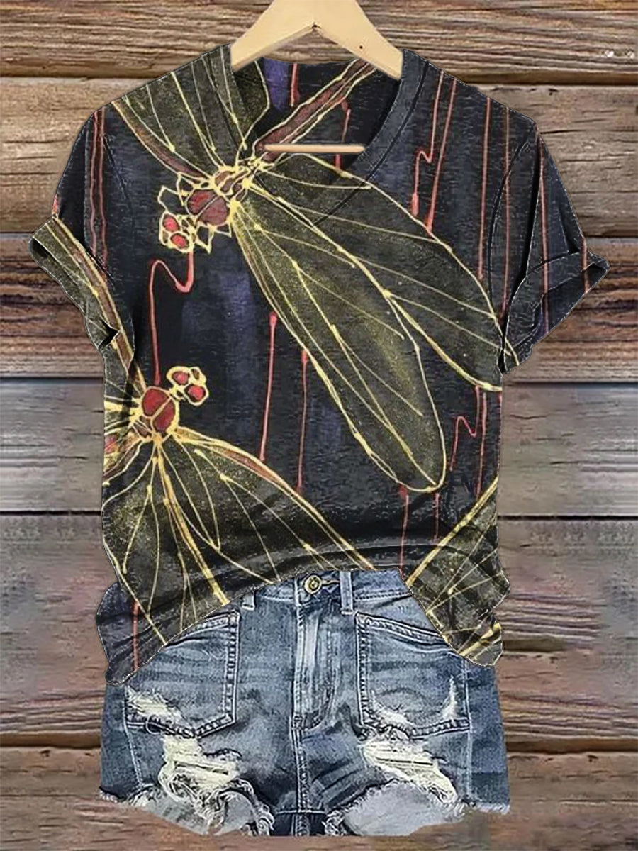 Women's Hippie Dragonfly Art Print Women's V-neck Casual T-Shirt