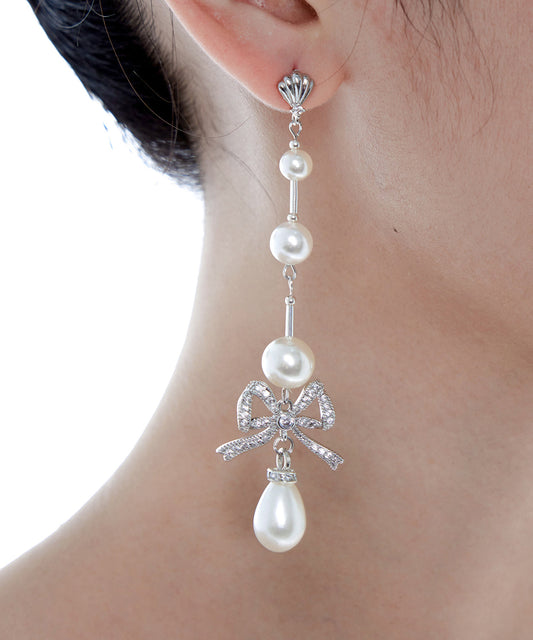 Pearl Bow Silver Long Drop Earrings Earrings