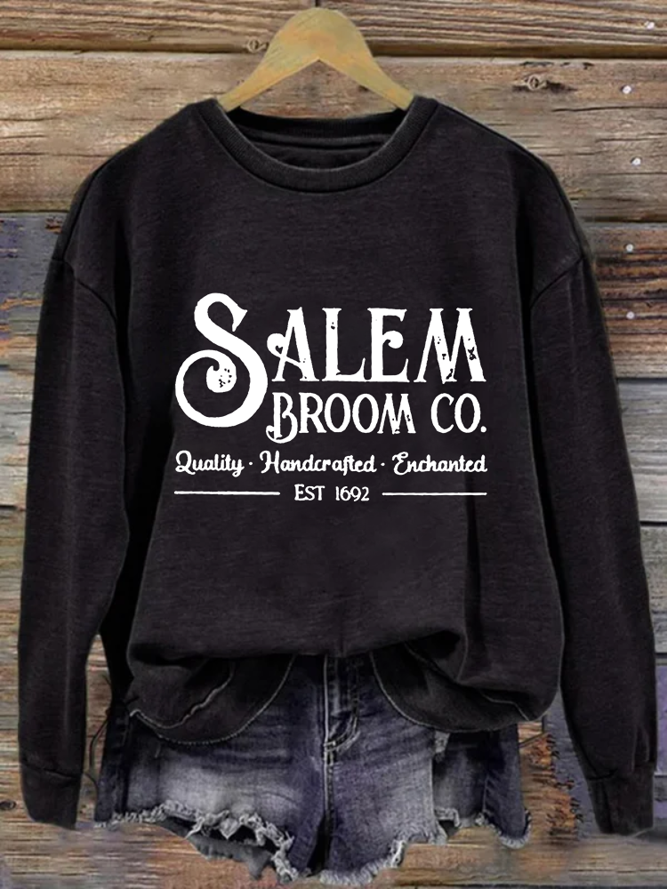 Comstylish Women's Salem Broom Co Quality Handcrafted Enchanted Est 1692 Printed Round Neck Long Sleeve Sweatshirt