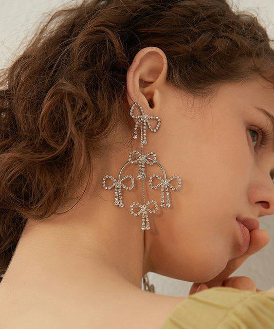 Original Design Bow Zircon Exaggeration Silver Plated Drop Earrings