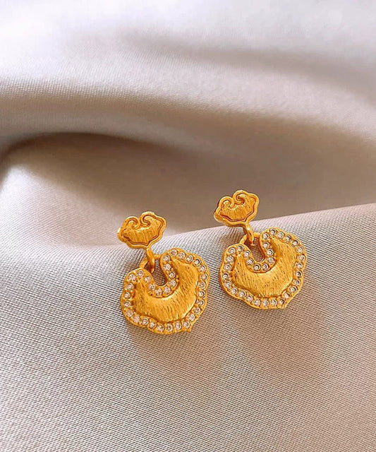 Gold Copper Overgild Zircon Ruyi Lockstud Earrings
