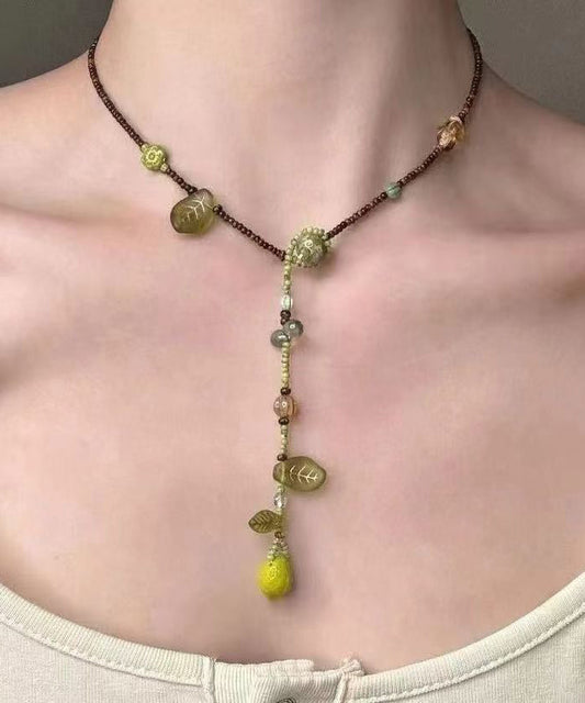 Green Handmade Weaving One Lemon Beading Tassel Pendant Necklace