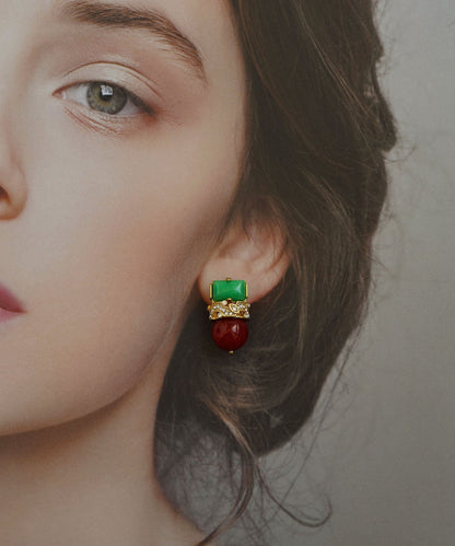 Colorblock Sterling Silver Overgild Zircon Jade Agate Stud Earrings
