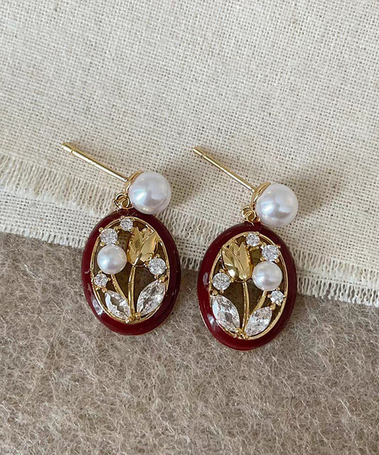 Retro Red Sterling Silver Alloy Zircon Pearl Tulip Hoop Earrings
