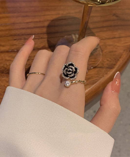 Black Alloy Zircon Camellia Rings