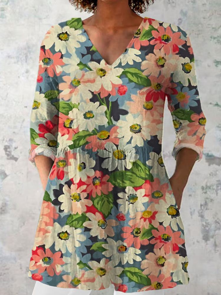 Comstylish Women's Vintage Floral Cotton And Linen Top