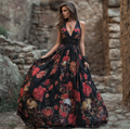 Halloween Theme Rose And Skull Pattern Women's V-neck Long Dress artswardrobe