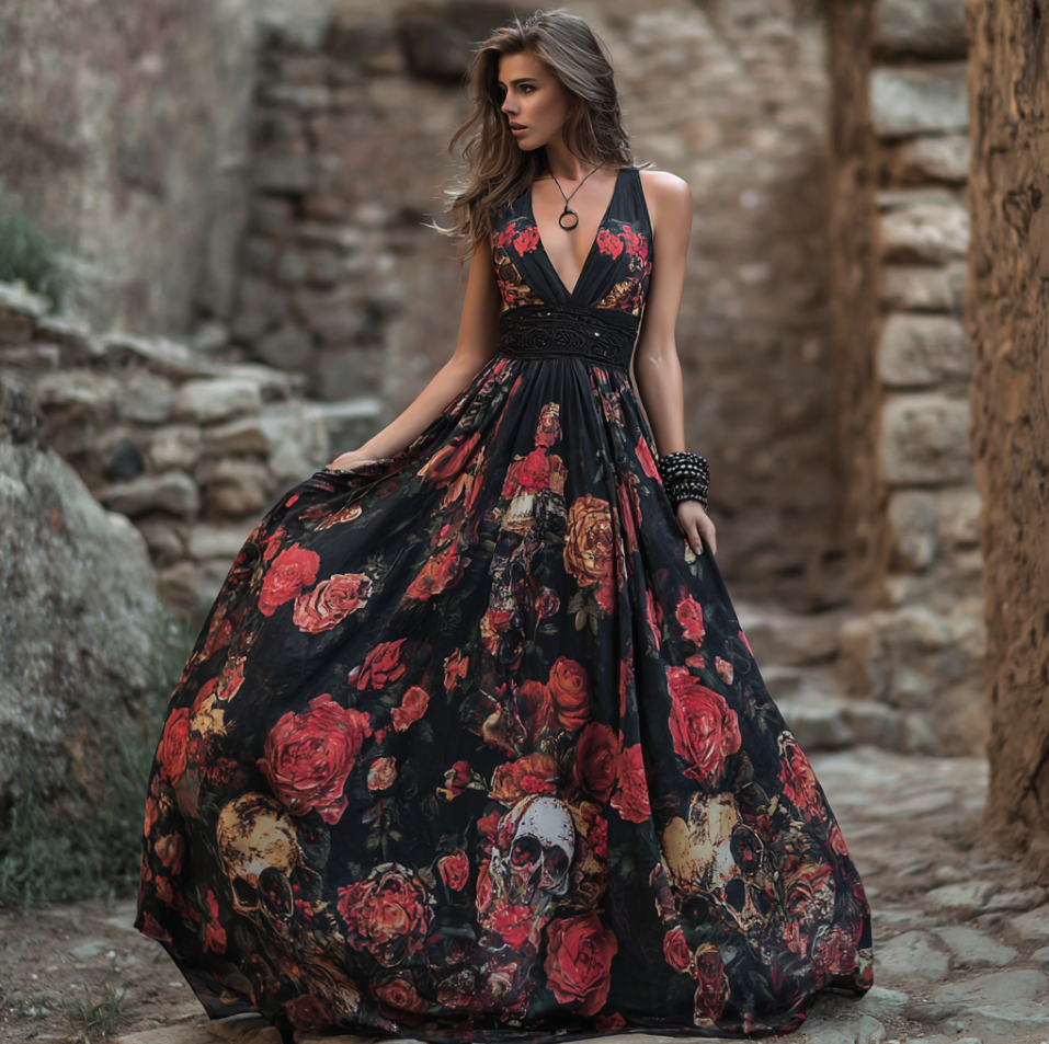 Halloween Theme Rose And Skull Pattern Women's V-neck Long Dress artswardrobe