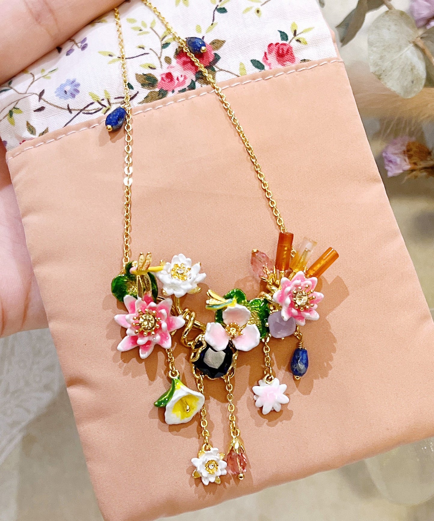 Gold Sterling Silver Overgild Dragonfly Gem Stone Lotus Leaf Pendant Necklace