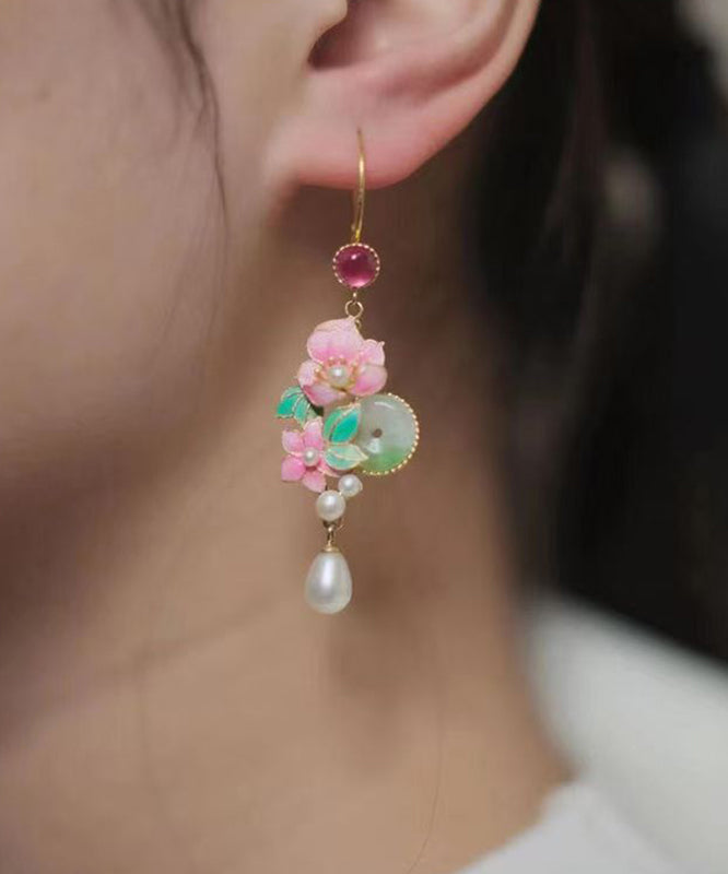 Classy Gold Sterling Silver Overgild Jade Pearl Drop Earrings
