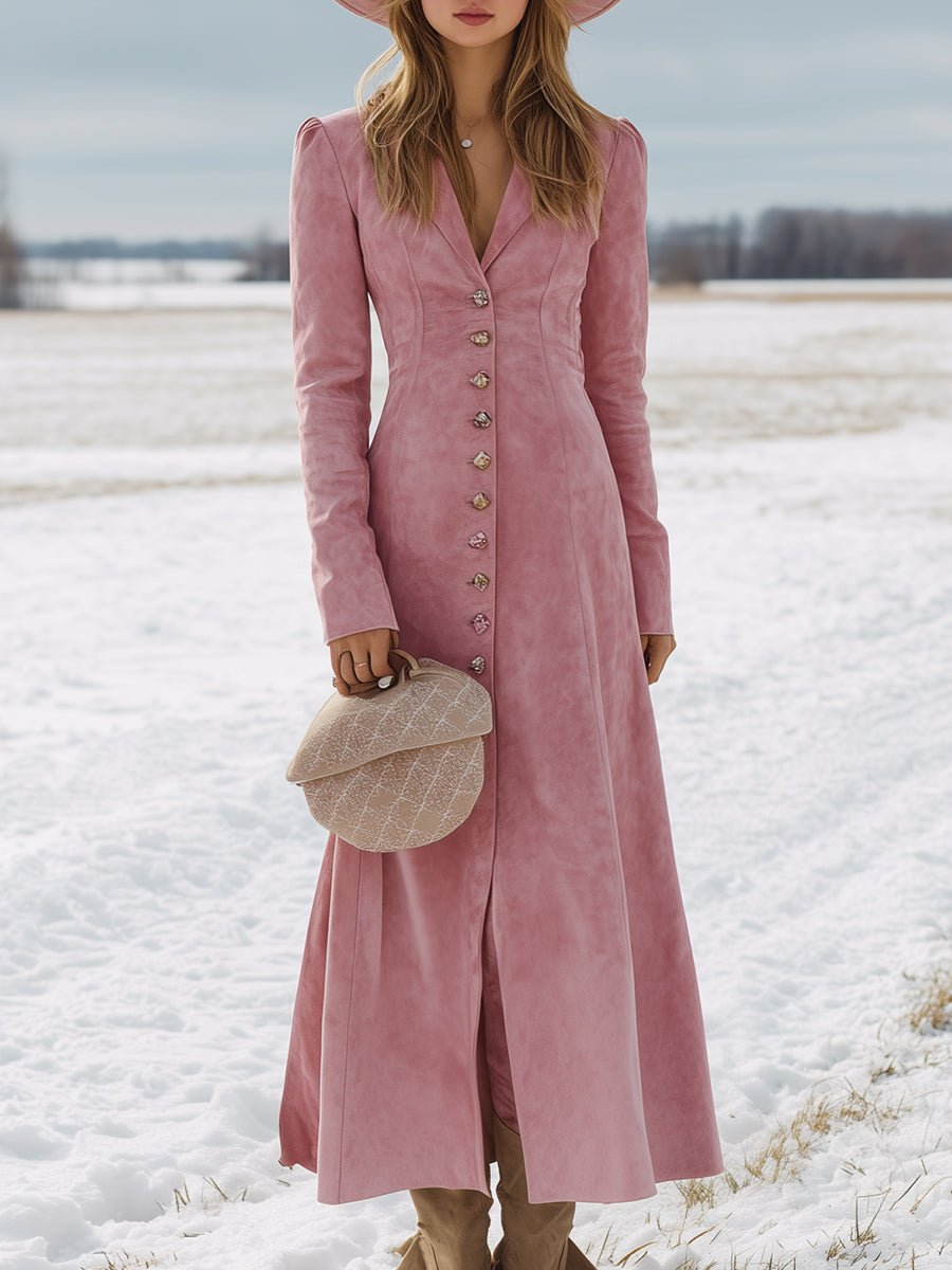 Western Pink Faux Suede Button-down Maxi Dress