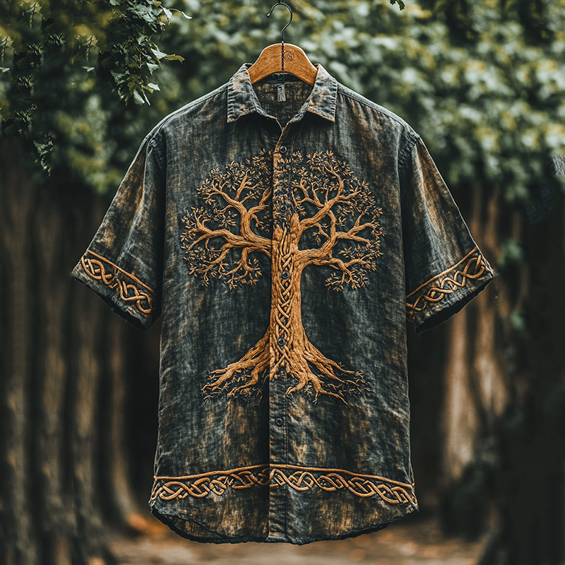 Men's Viking Mythology Tree Of Life Tie Dye Lapel Shirt artswardrobe