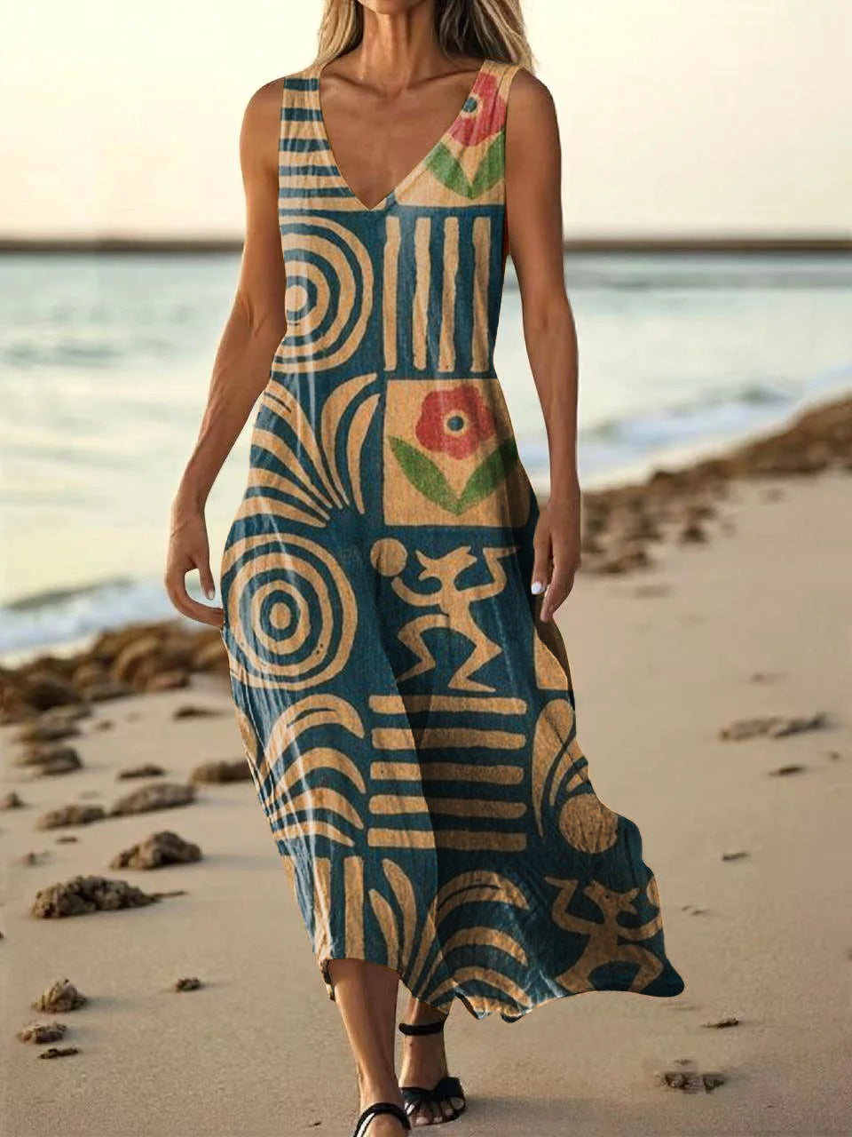 Women's Bohemian Floral Art Print Pocket Cotton Dress
