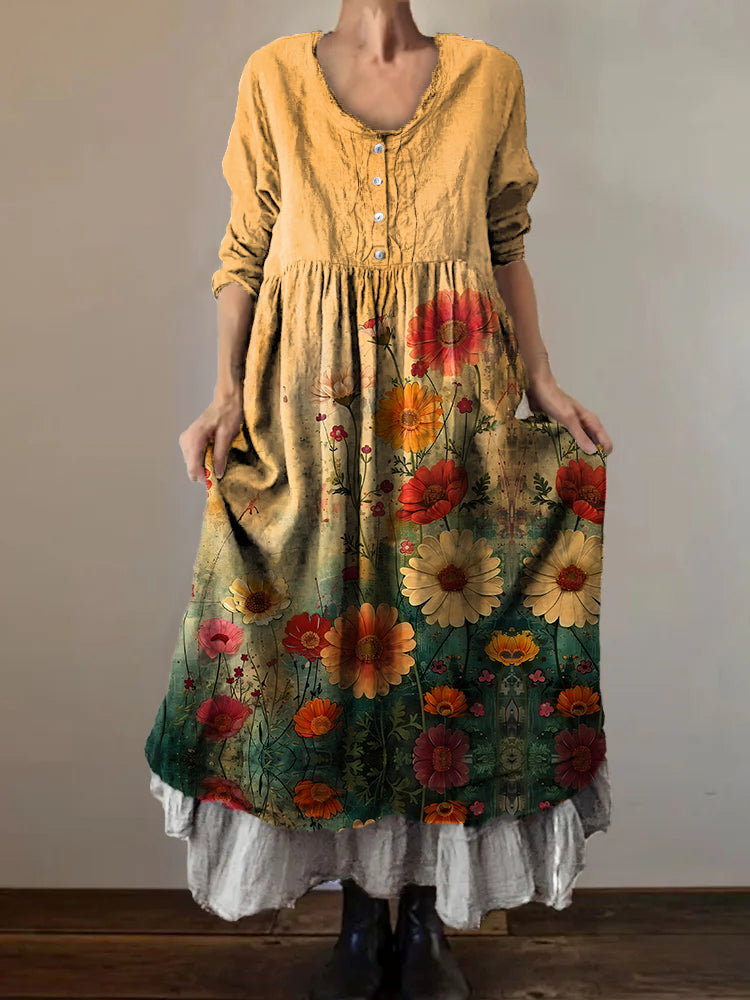 Women's Vintage Floral Art Print V-Neck Button Pocket Cotton Dress