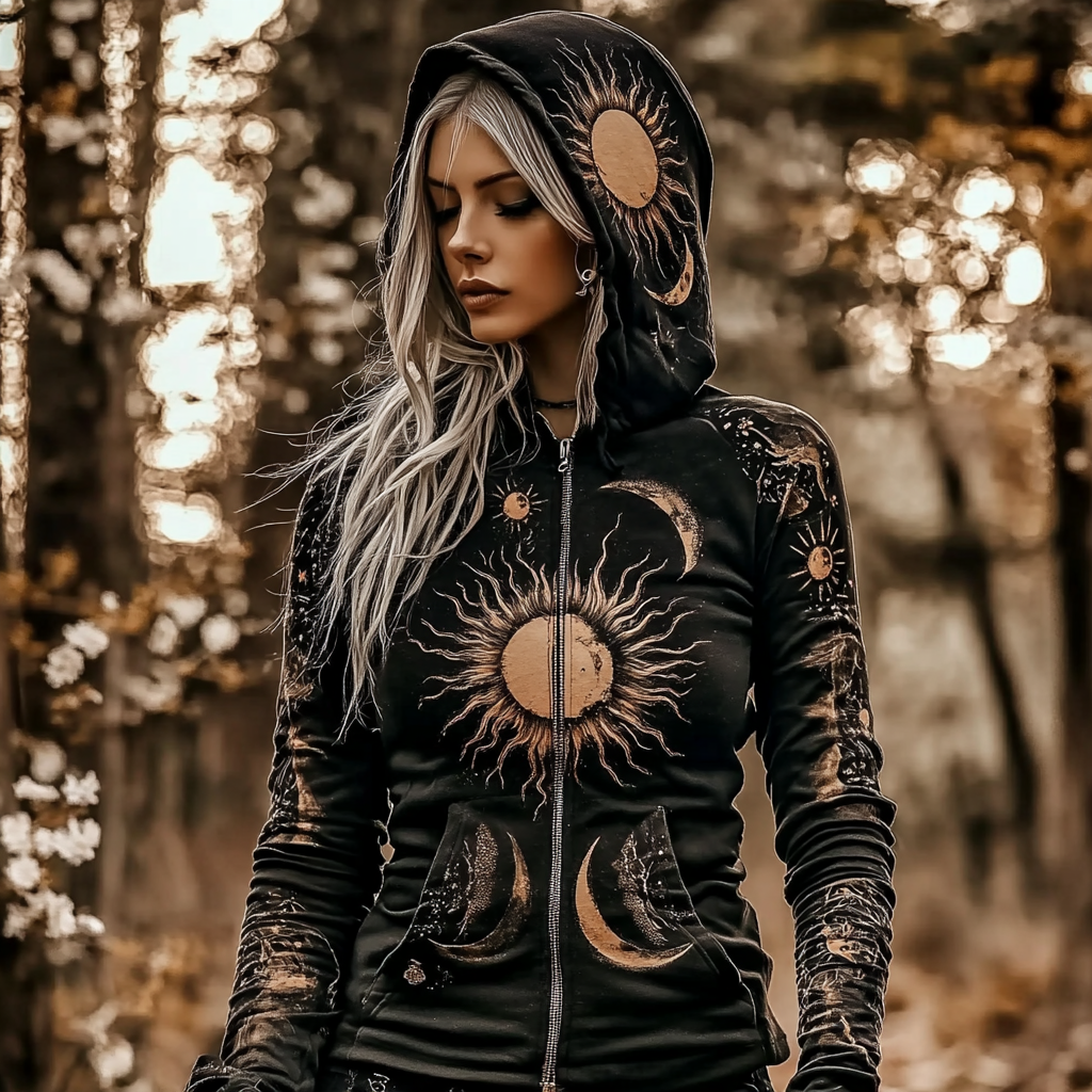Comstylish Vintage Mystical Tribal Stars And Moon Print Women's Zip Hoodie Jacket