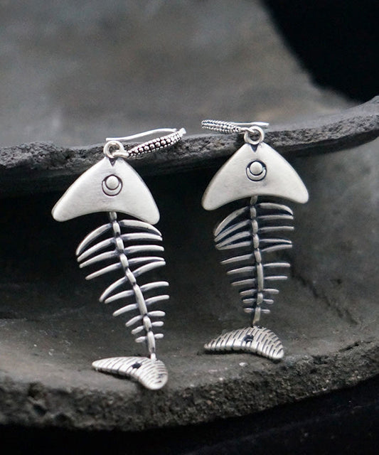 Silk Silver Fish Bone Drop Earrings