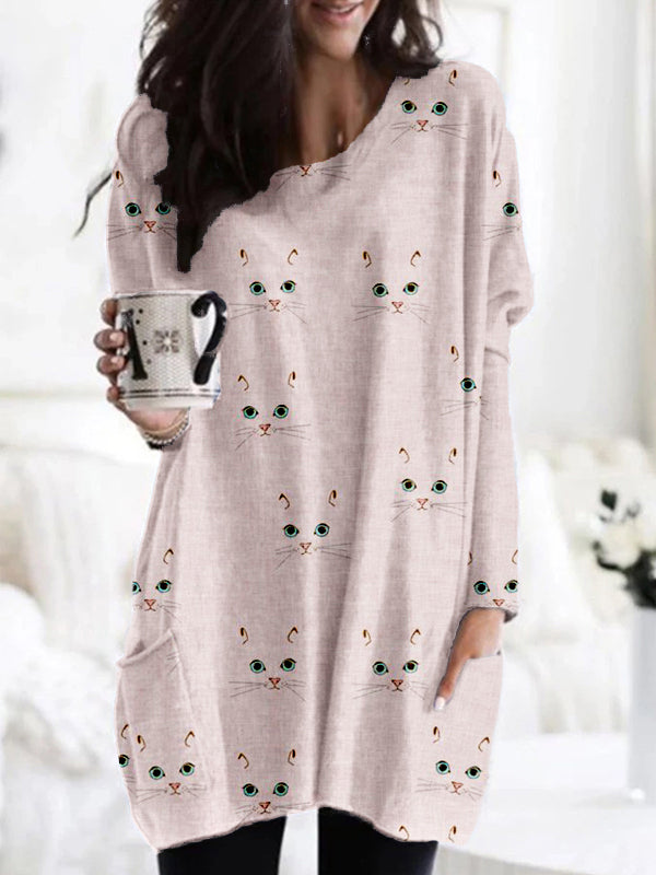 Cute Cat Face Pattern Patch Pocket Comfy Tunic elevenforest