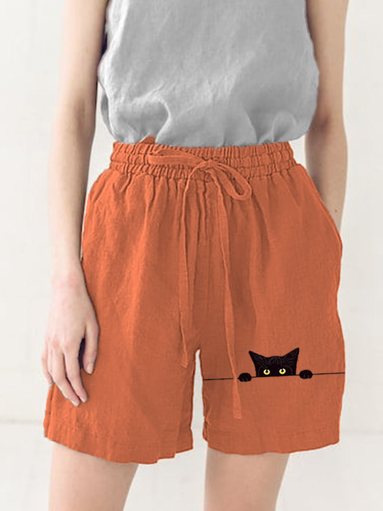 Women's Casual Funny Black Cat Print Short Pants elevenforest