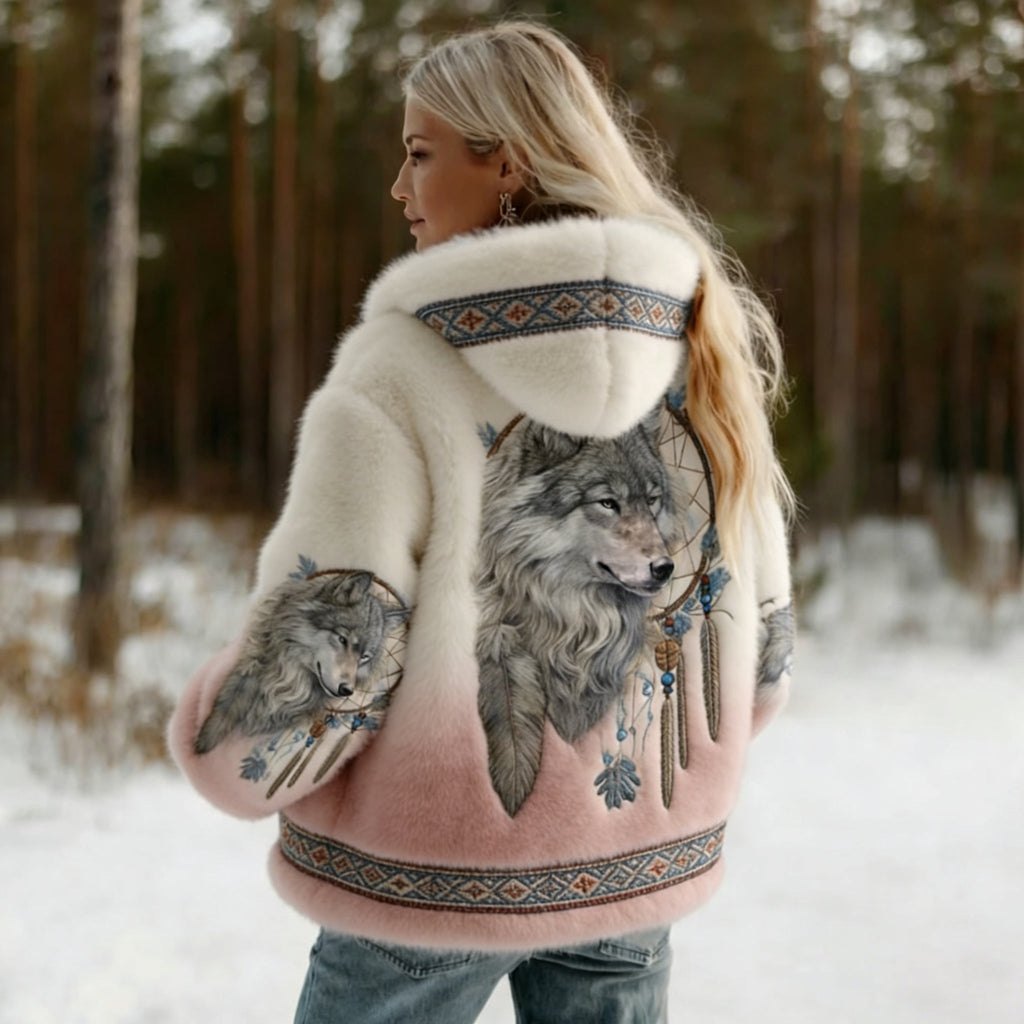Comstylish Women's Vintage Wolf Art Knit Cozy Flannel Hoodie