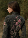 Comstylish Women's Vintage-inspired Skull Art Floral Lapel Long-sleeved Shirt