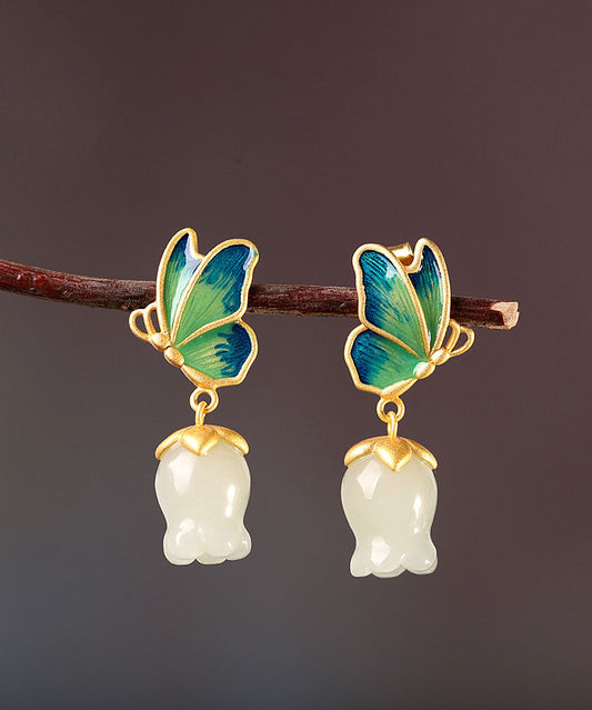 White Sterling Silver Overgild Jade Cloisonne Drop Earrings