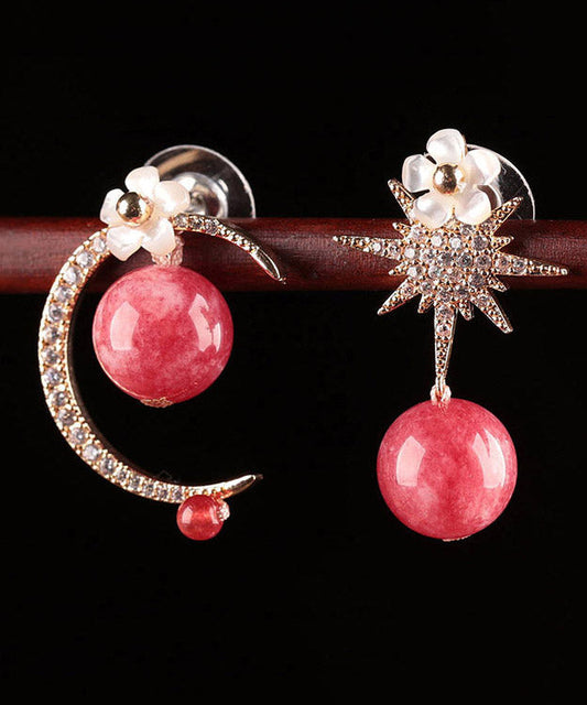 Red Sterling Silver Zircon Shell Flower Asymmetricar Hoop Earrings
