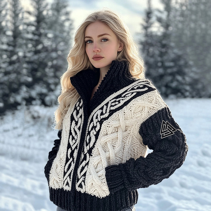 Women's Viking Tribal Jacquard Celtic Inspired Chunky Knit Zipper Cardigan artswardrobe
